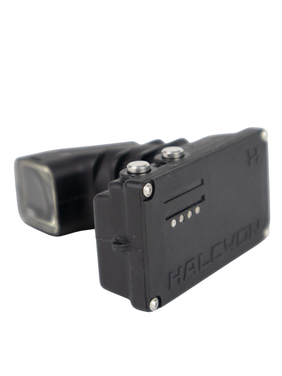 A black Halcyon Symbios HUD with black Halcyon Logo on white background