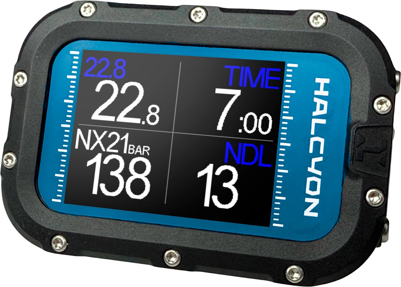 Halcyon Symbios dive computer with a blue and black display screen showing depth, time, temperature, and nitrogen levels on white background