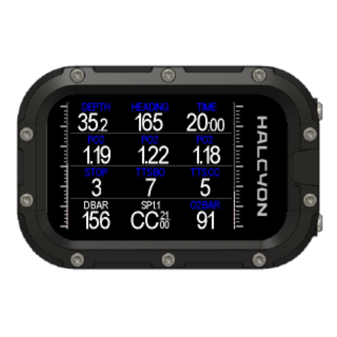 A silver Halcyon Symbios dive computer with a digital display screen showing depth, time, and pressure readings in blue and white text.