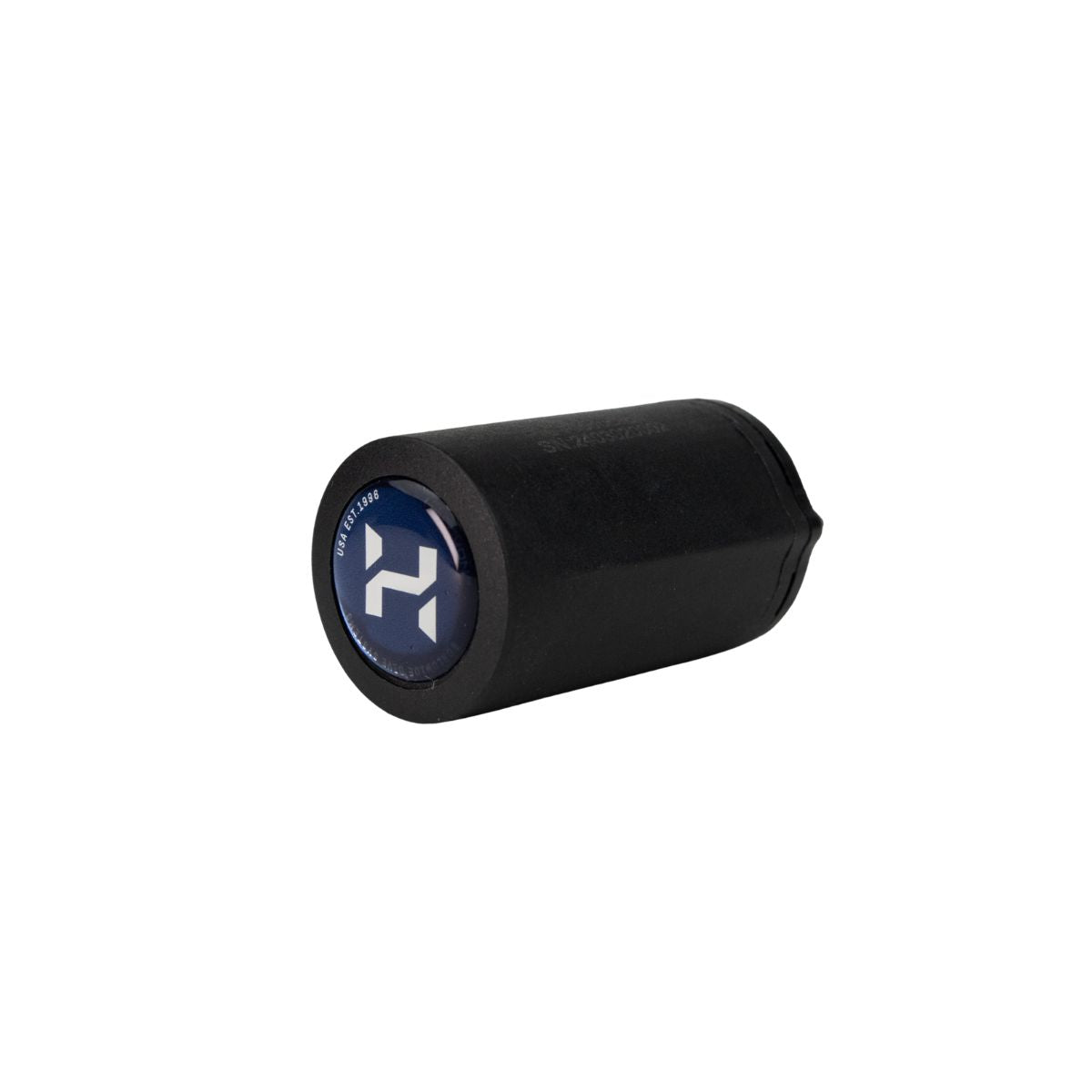 A black Tank Pod for diving with white and blue Halcyon logo on white background