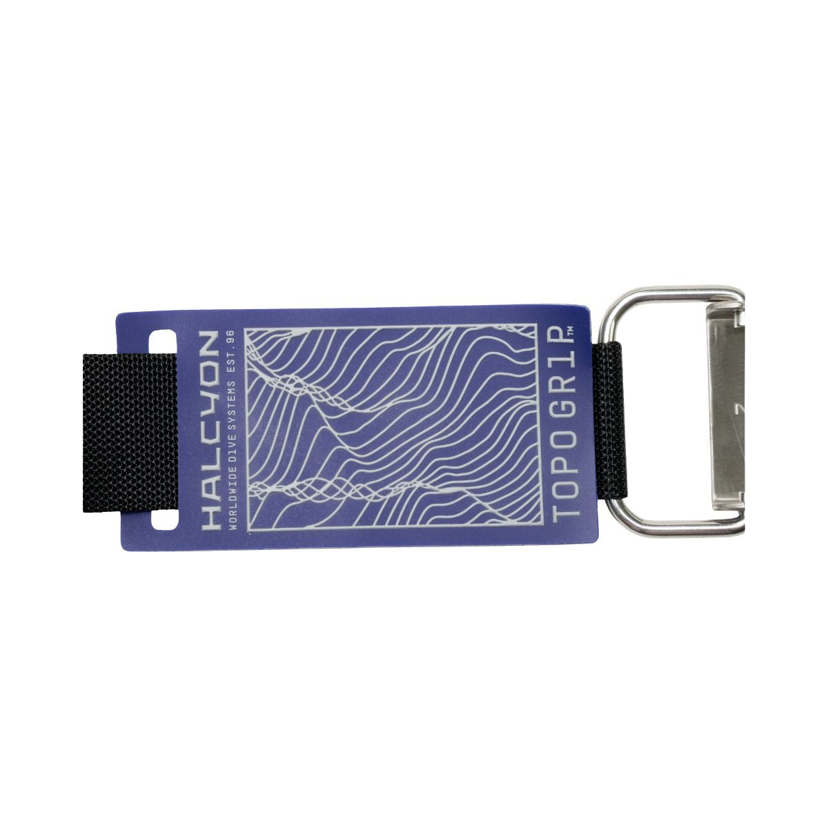 Close-up of Black Halcyon Replacement Tank strap with stainless steel buckle and blue and white halcyon logo on white background for scuba diving