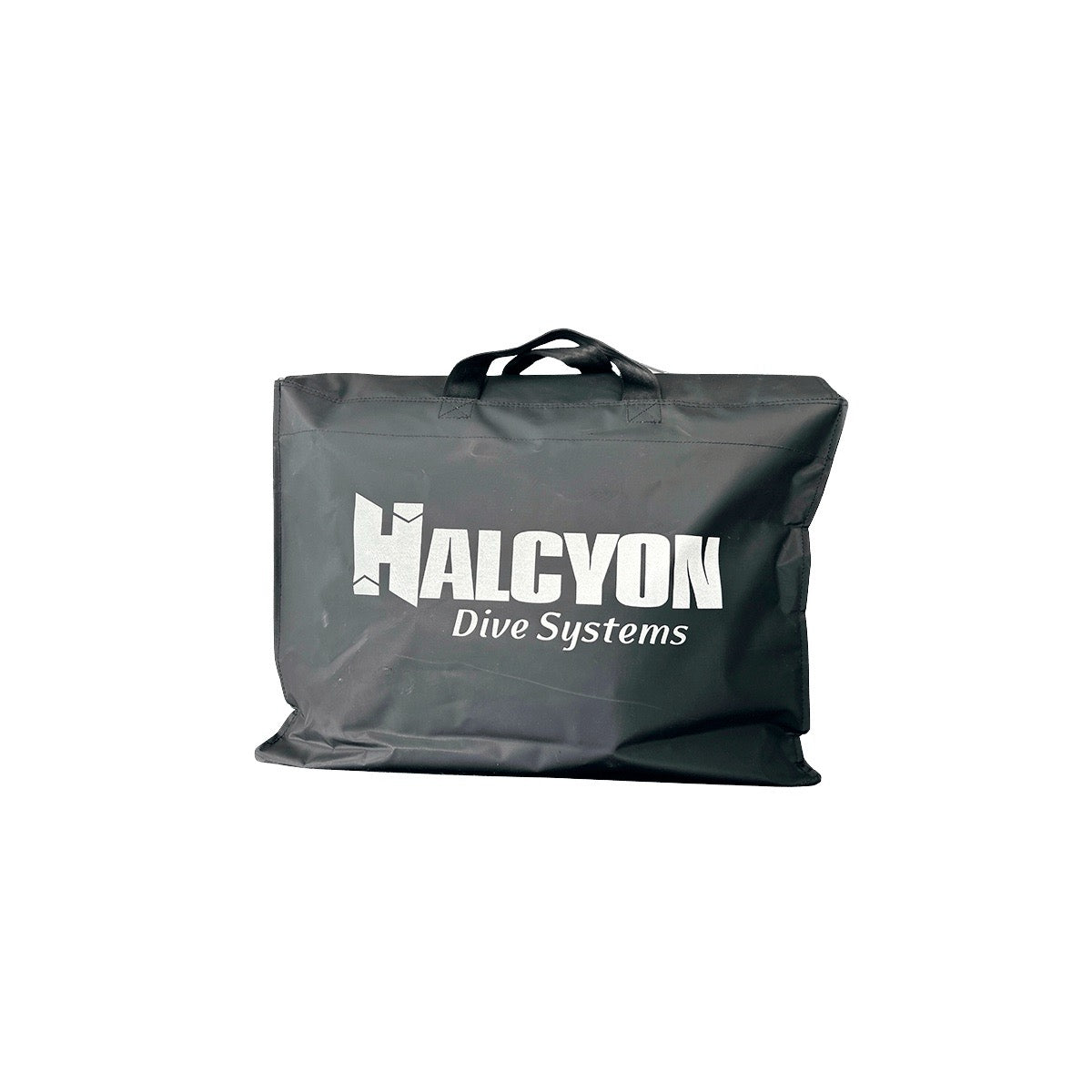 A black Halcyon Dive Systems Traverse Bag carrying bag with white printed logo and handles, shown on a plain white background. Ideal for divers.