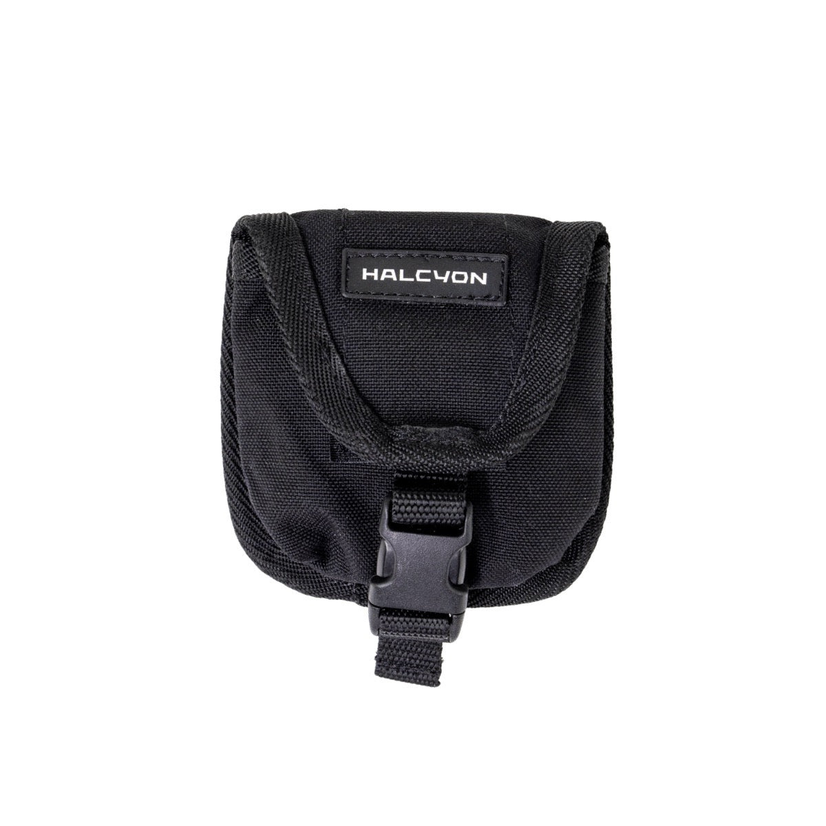 Close-up of black trim weight pockets with white halcyon logo on white background
