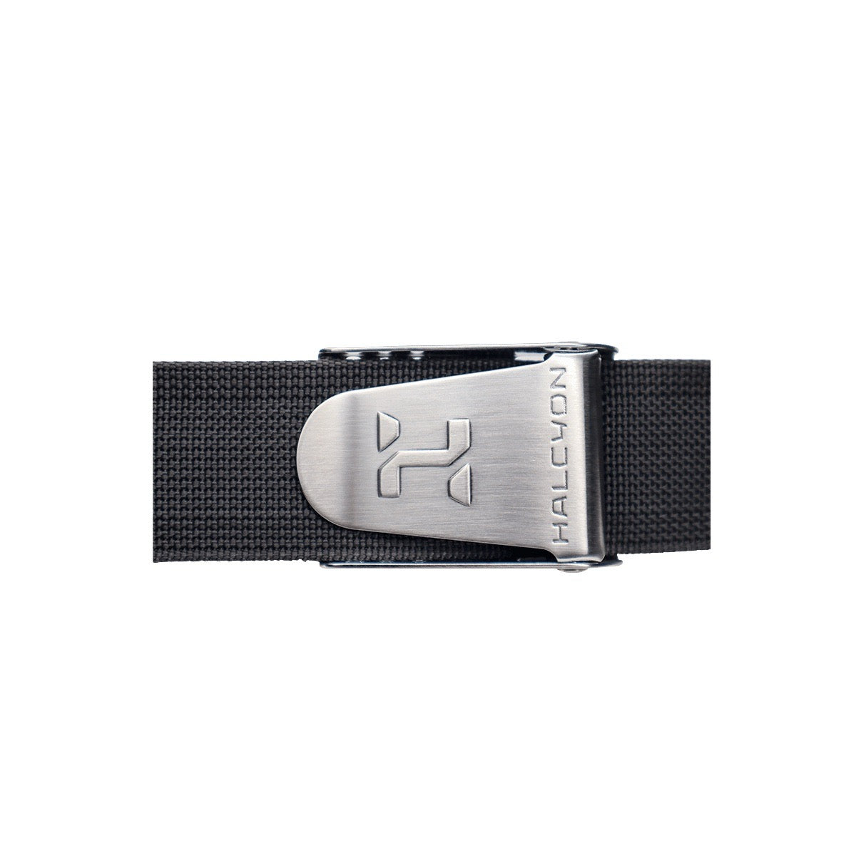A close-up of stainless steel weight buckle and a piece of black webbing on white background