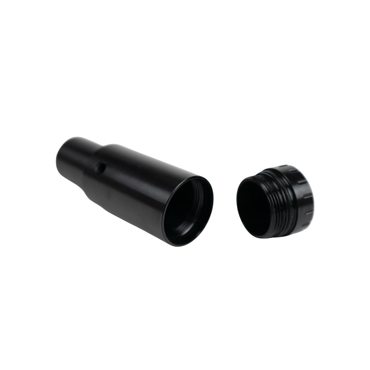 A black metal cylindrical attachment piece shown disassembled into two separate pieces on a plain white background.