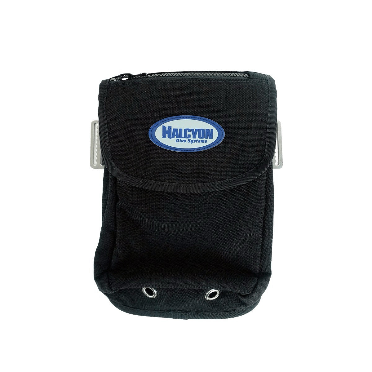 Close-up of black bellows pocket with white and blue Halcyon logo on white background