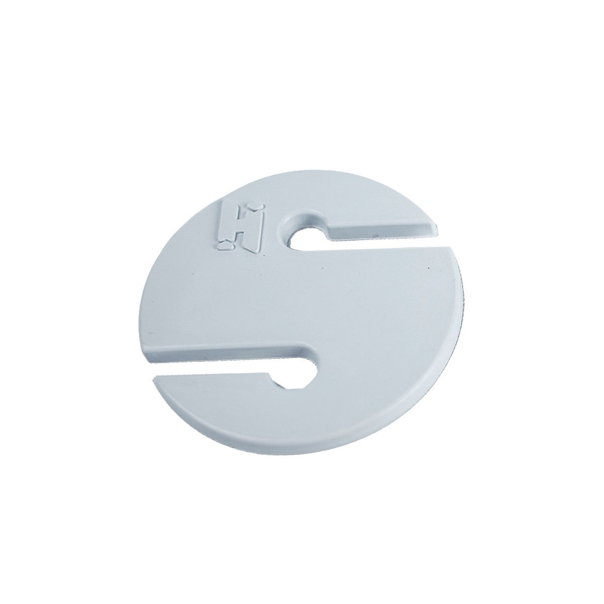 A round shaped white plastic cookie for diving with Halcyon logo, on white background