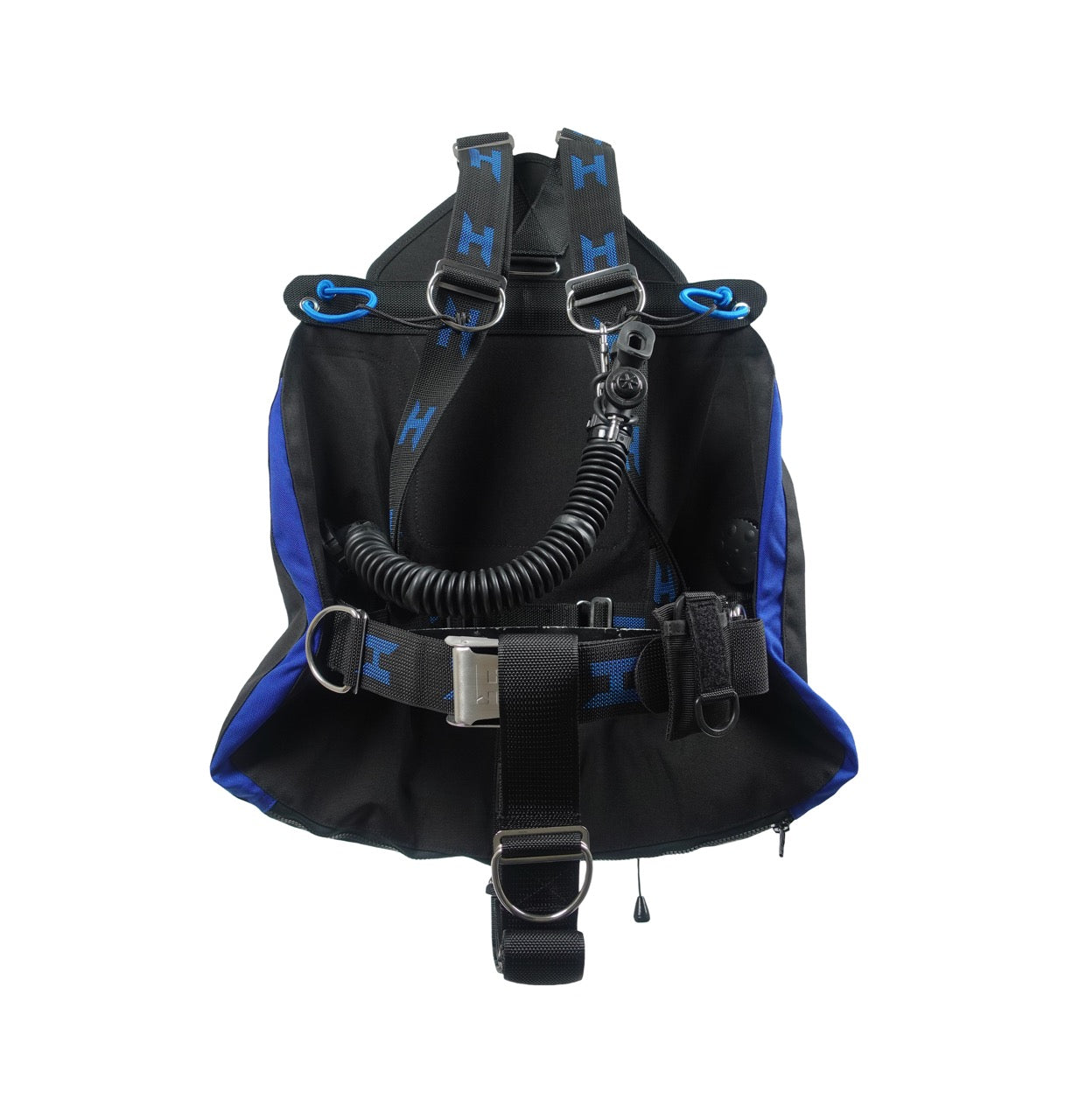 A black and blue Halcyon Sidemount System on white background