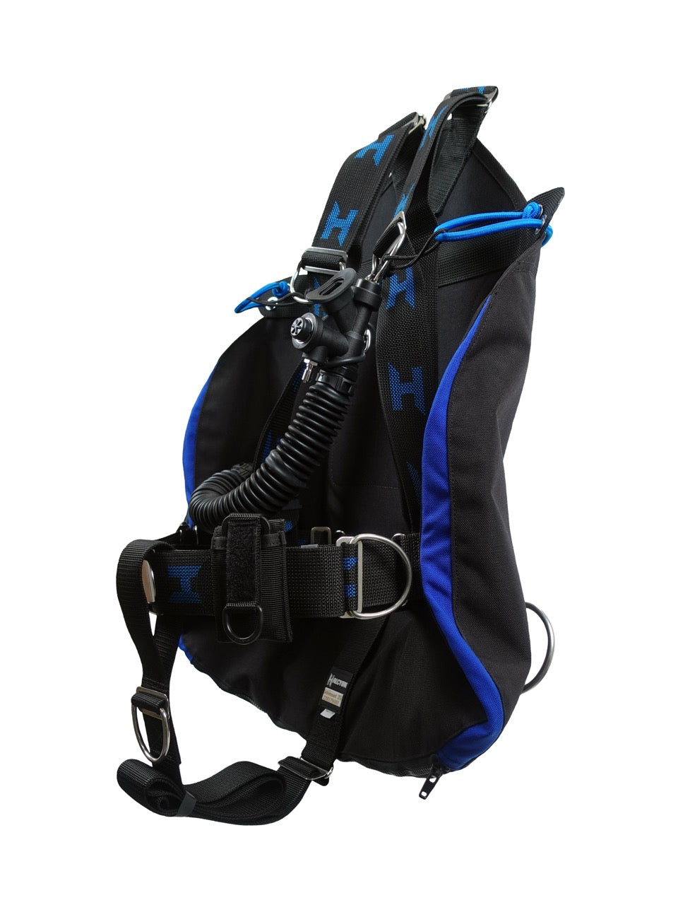 A black and blue Halcyon Sidemount system from the side on white background