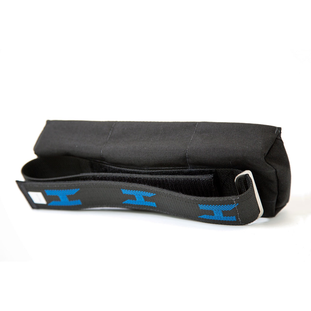 Halcyons Spine Weight Pouch in black with black webbing and blue halcyon logo on white background