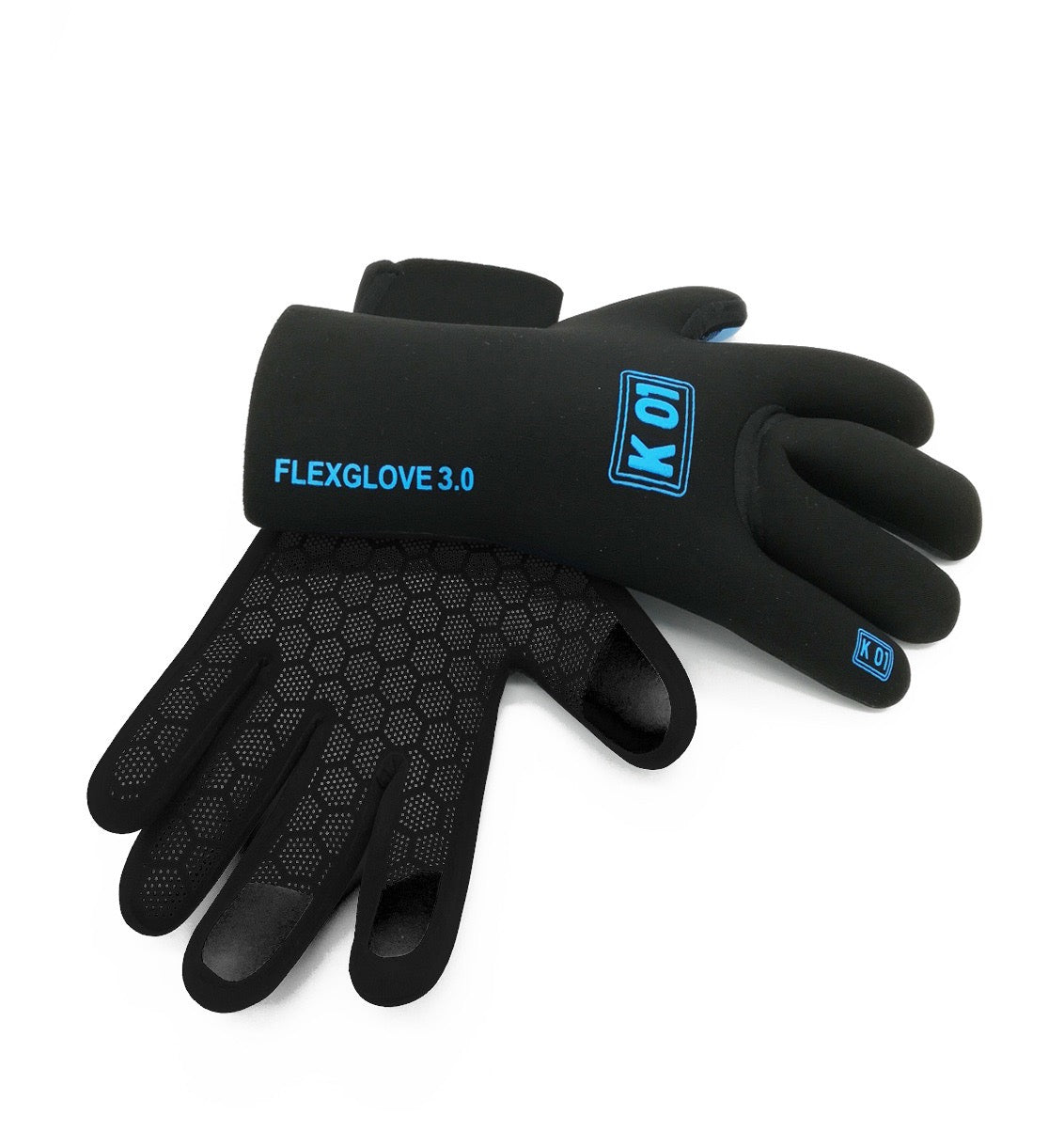 Two KO1 flexgloves in black with white KO1 logo on white background ideal for divers