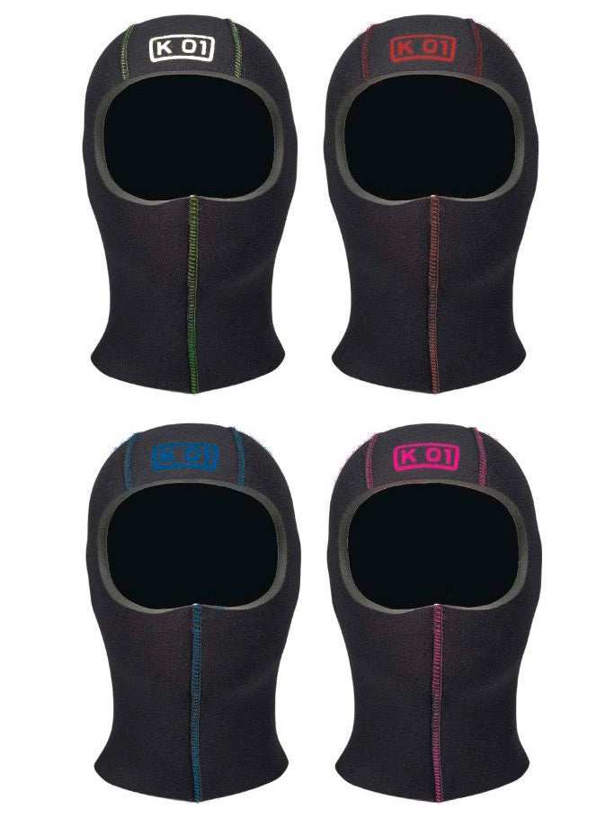 Four KO1 custom hoods with different colored seams and logo on white background