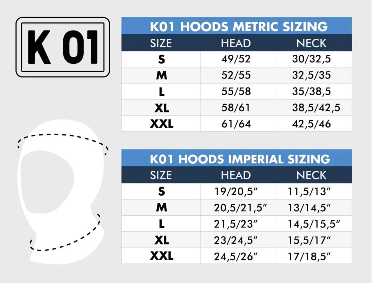 K01 hoods metric and imperial sizing chart on a white background