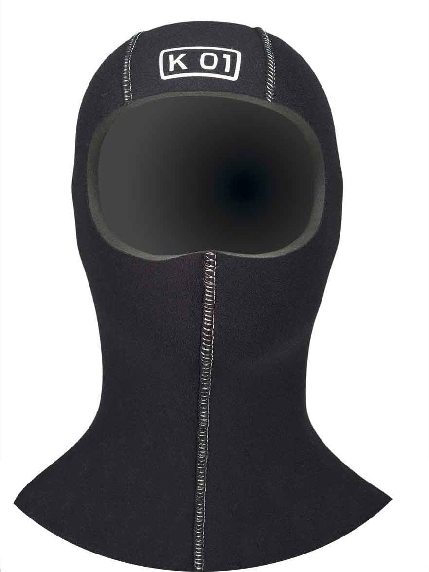 Black KO1 hood with white seems and white KO1 logo and bib on white background