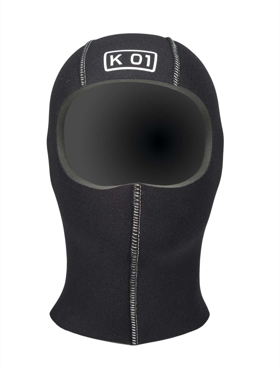 Black KO1 hood with white seems and white KO1 logo on white background