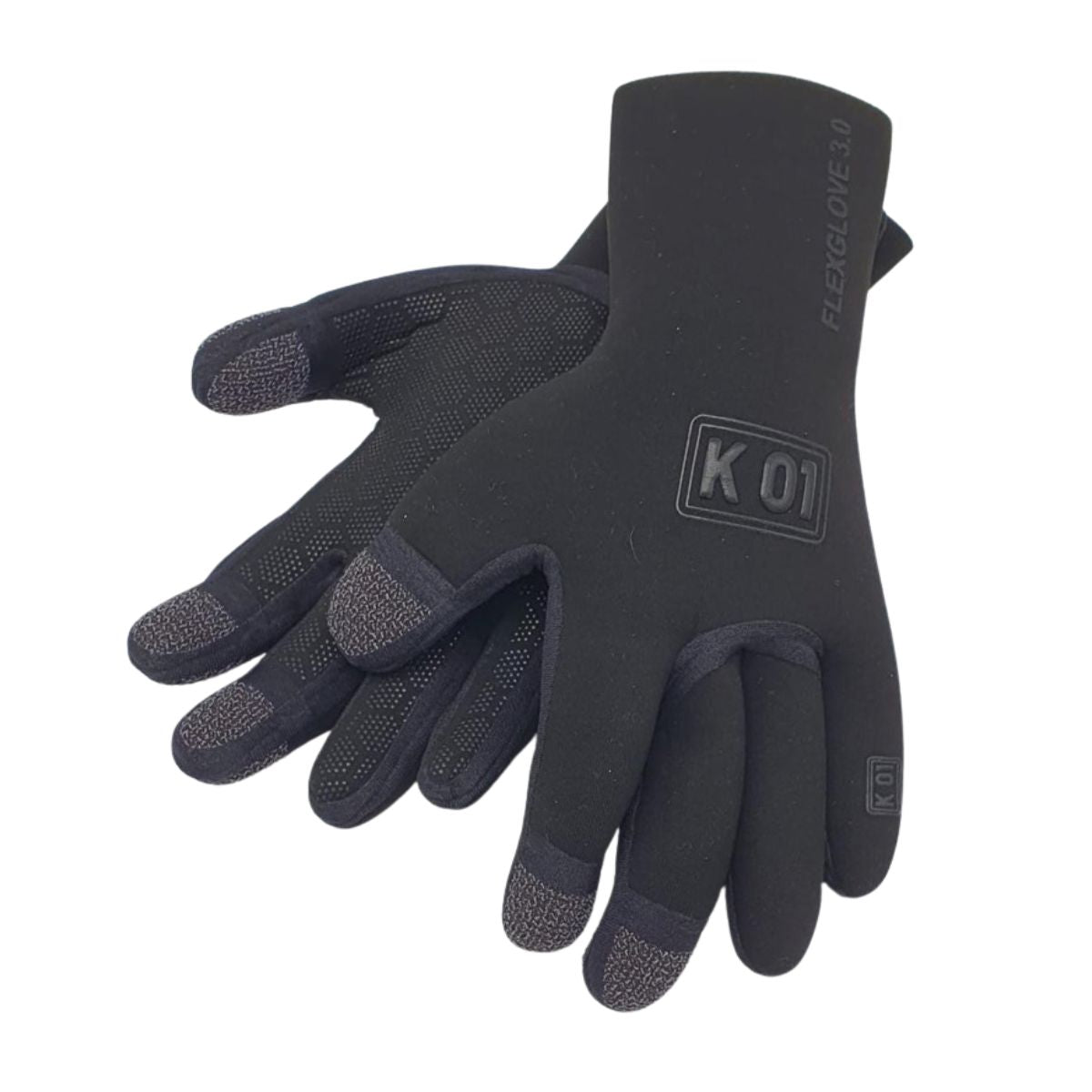 Two gloves with KO1 logo on white background, made out of neoprene and kevlar ideal for scuba divers