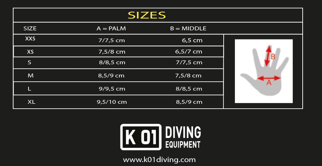 A size guide for the KO1 kevlar gloves