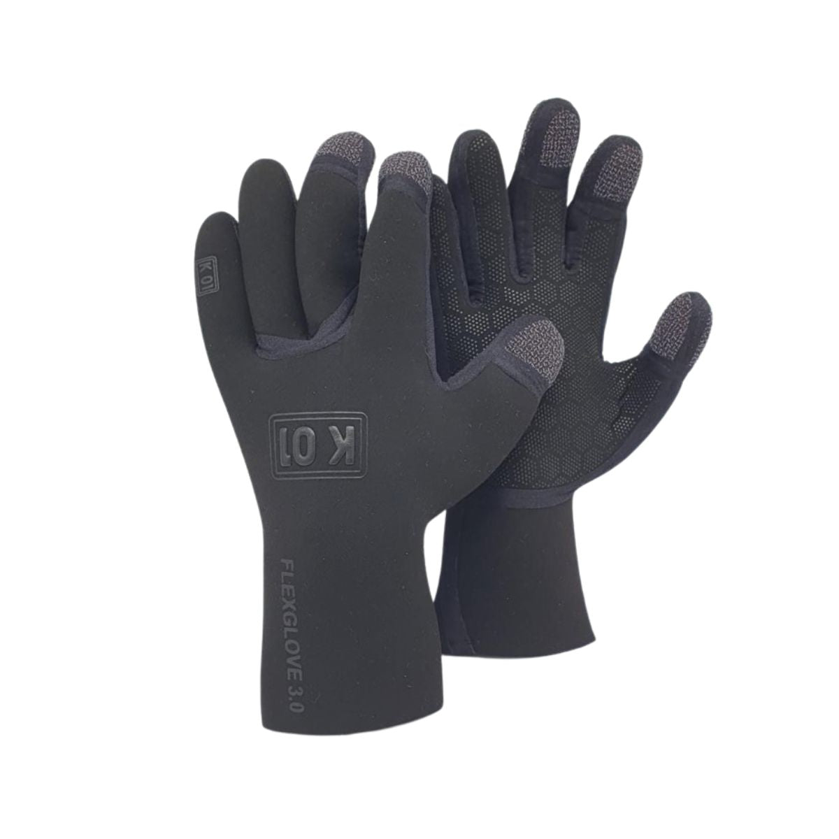 Two black Halcyon Kevlar gloves with KO1 logo on white backrgound, ideal for scuba divers