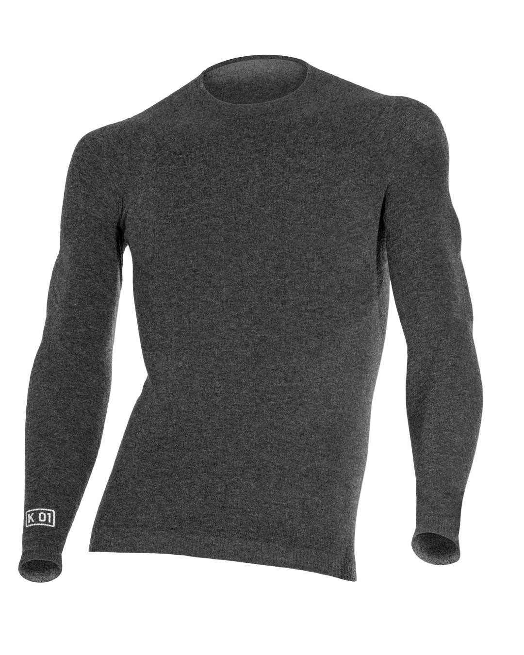 A grey shirt with small white KO1 logo on wrist, made out of Merino wool on white background