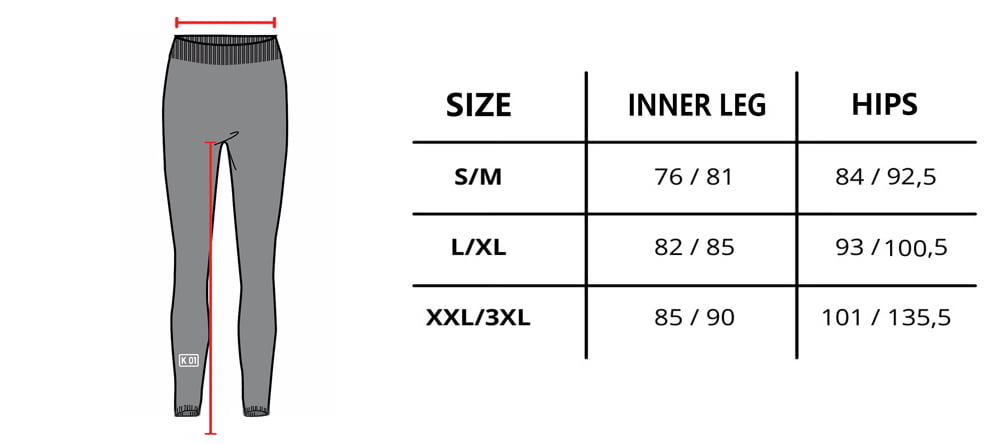 KO1 Merino Baselayer Underwear Set Size Chart Pants