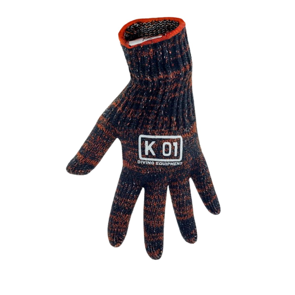 A knit undergarment Theromlite Glove from KO1 in black and orange with a white KO1 logo in the center on white background