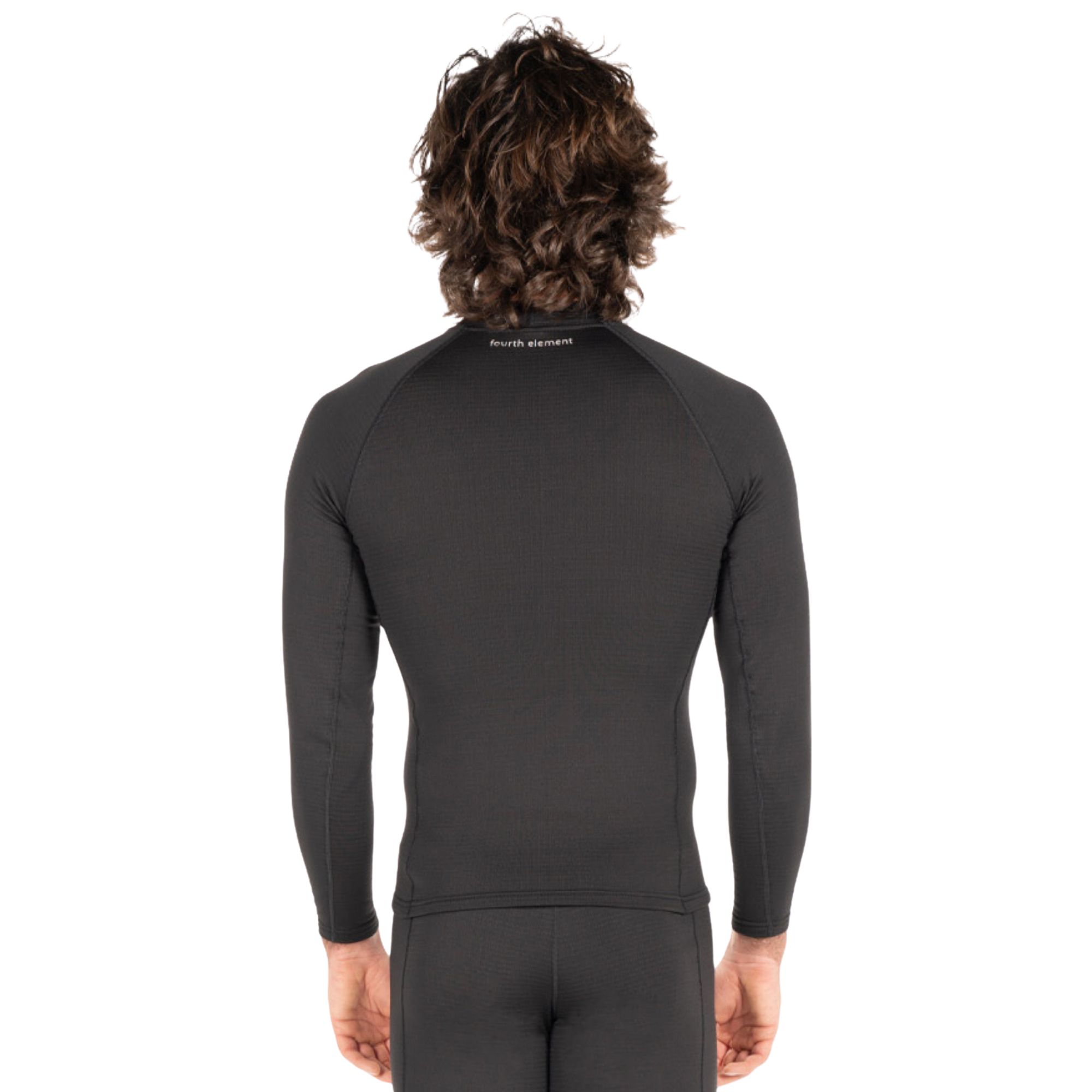 A man viewed from the back wearing a tight-fitting long-sleeve black athletic base layer top, with small white 'ROCKNROLLER' branding printed at the inner neck. The background is a clean white studio backdrop.