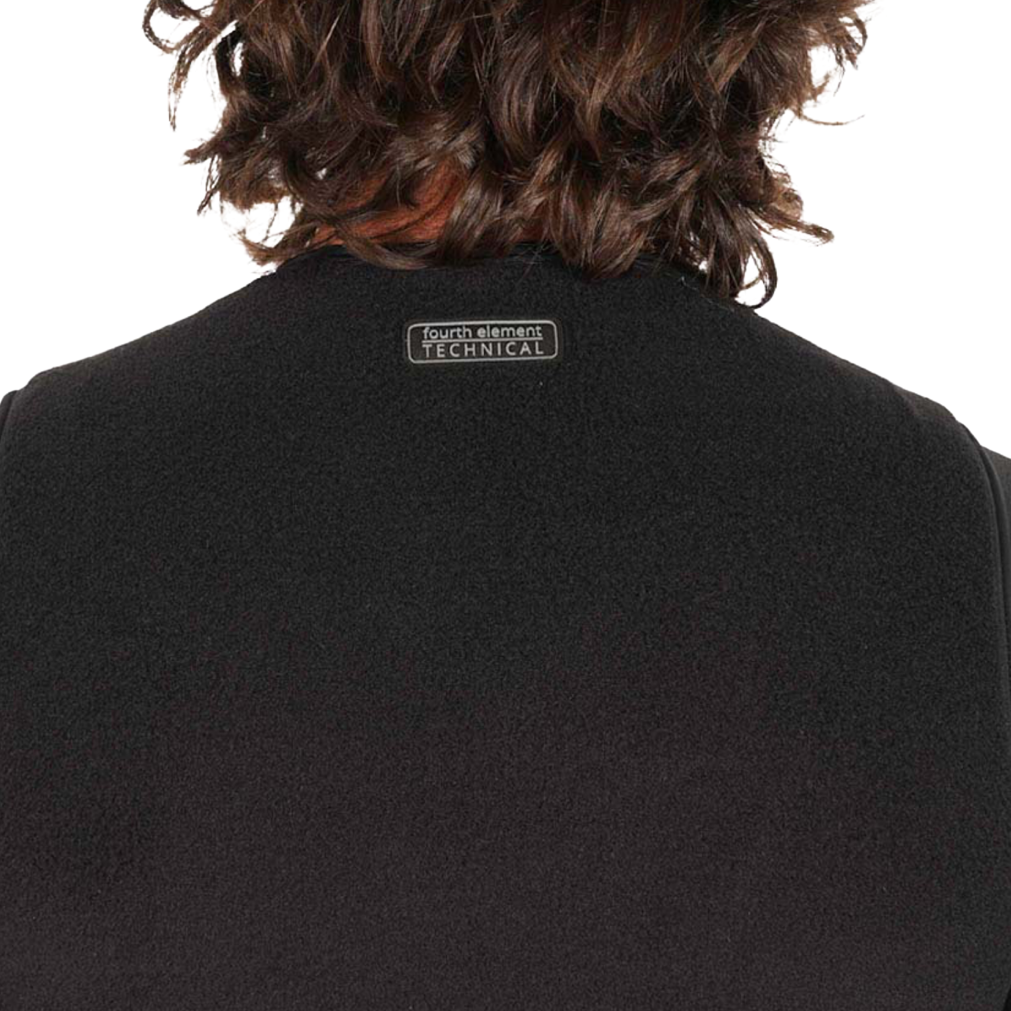 Back view of a person wearing a black South Mountain Technical fleece jacket, showing the textured fabric and a small white brand label at the back of the neck.