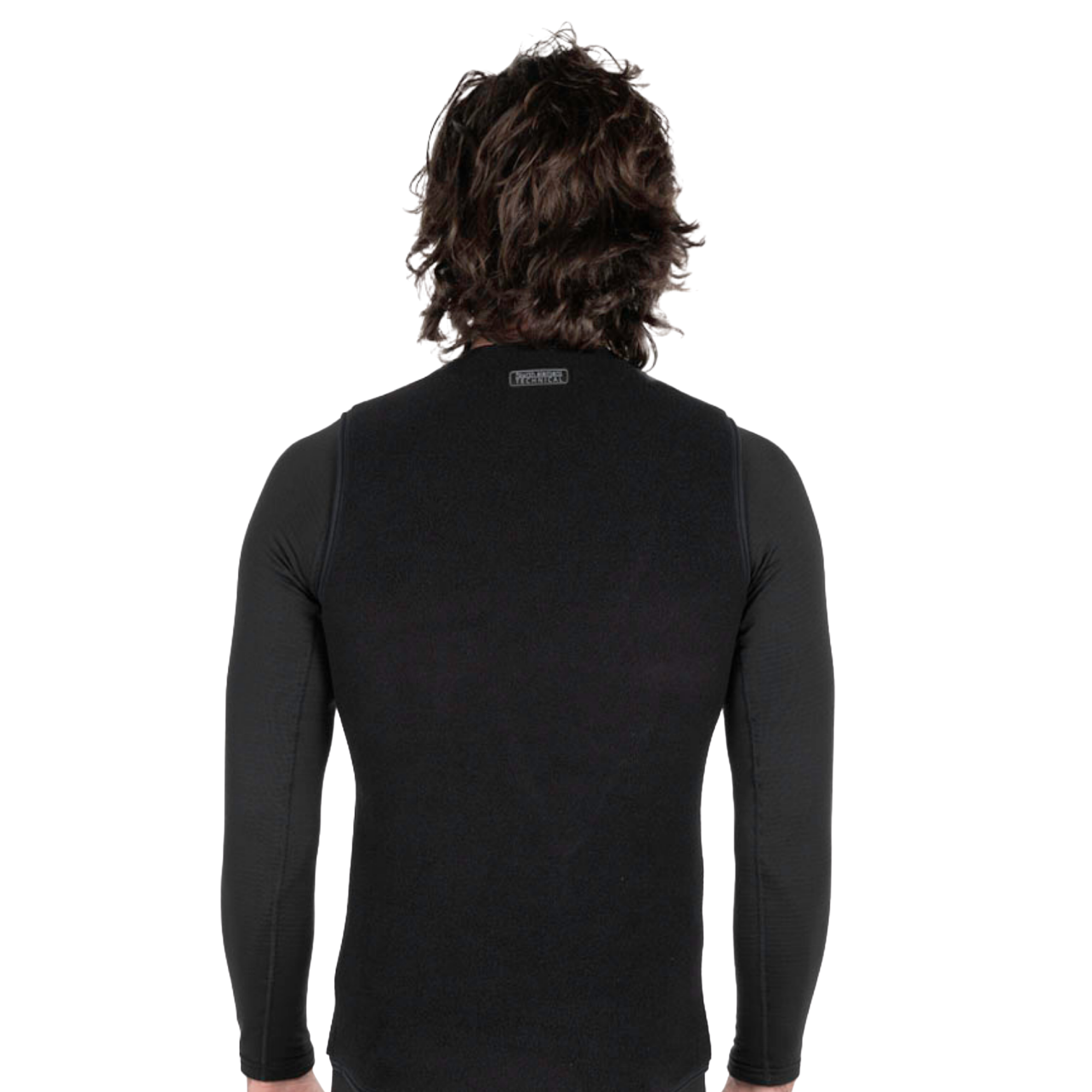 A man viewed from behind wearing a black long-sleeve compression shirt, showing the back of the neck with a small brand label.