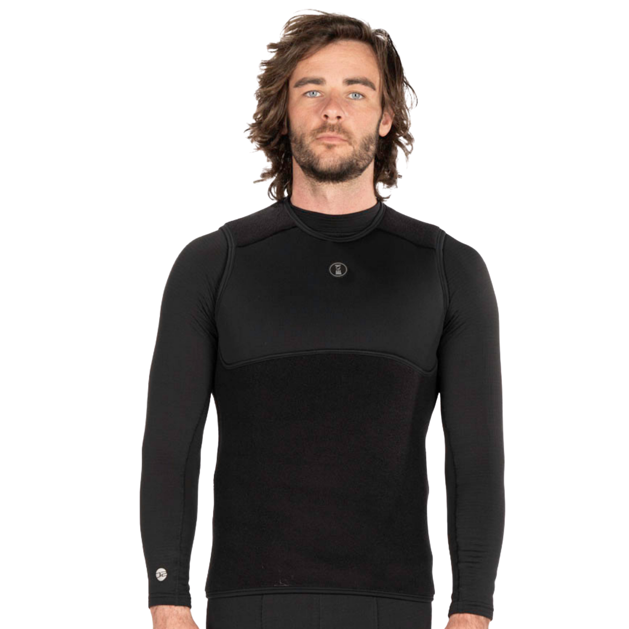 A man wearing a black long-sleeve technical compression top with a high mock neck and a small circular logo on the chest, photographed against a solid white background.