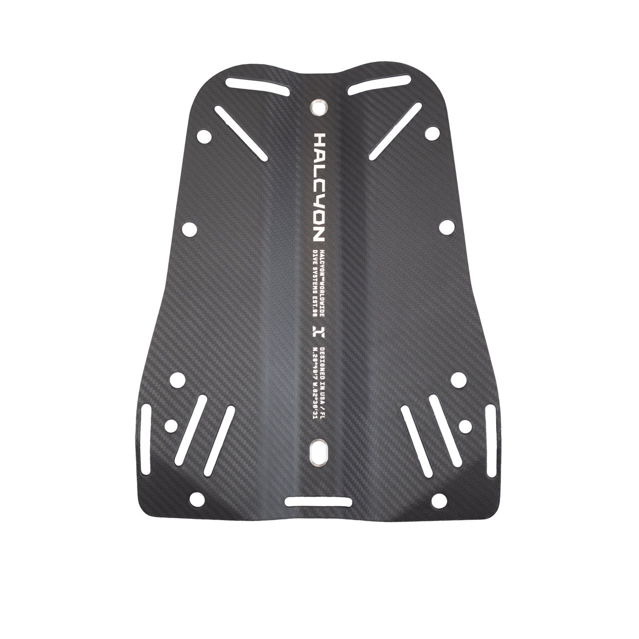 A black carbon fiber backplate with Halcyon logo on white background