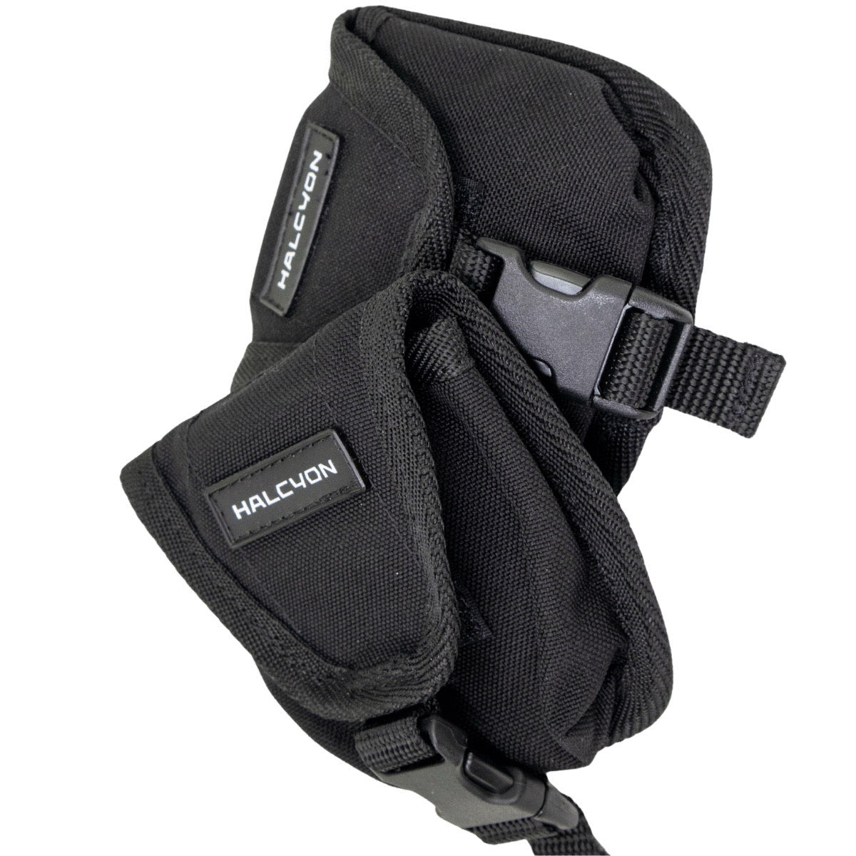 Close-up of two black trim weight pockets with white halcyon logo on white background