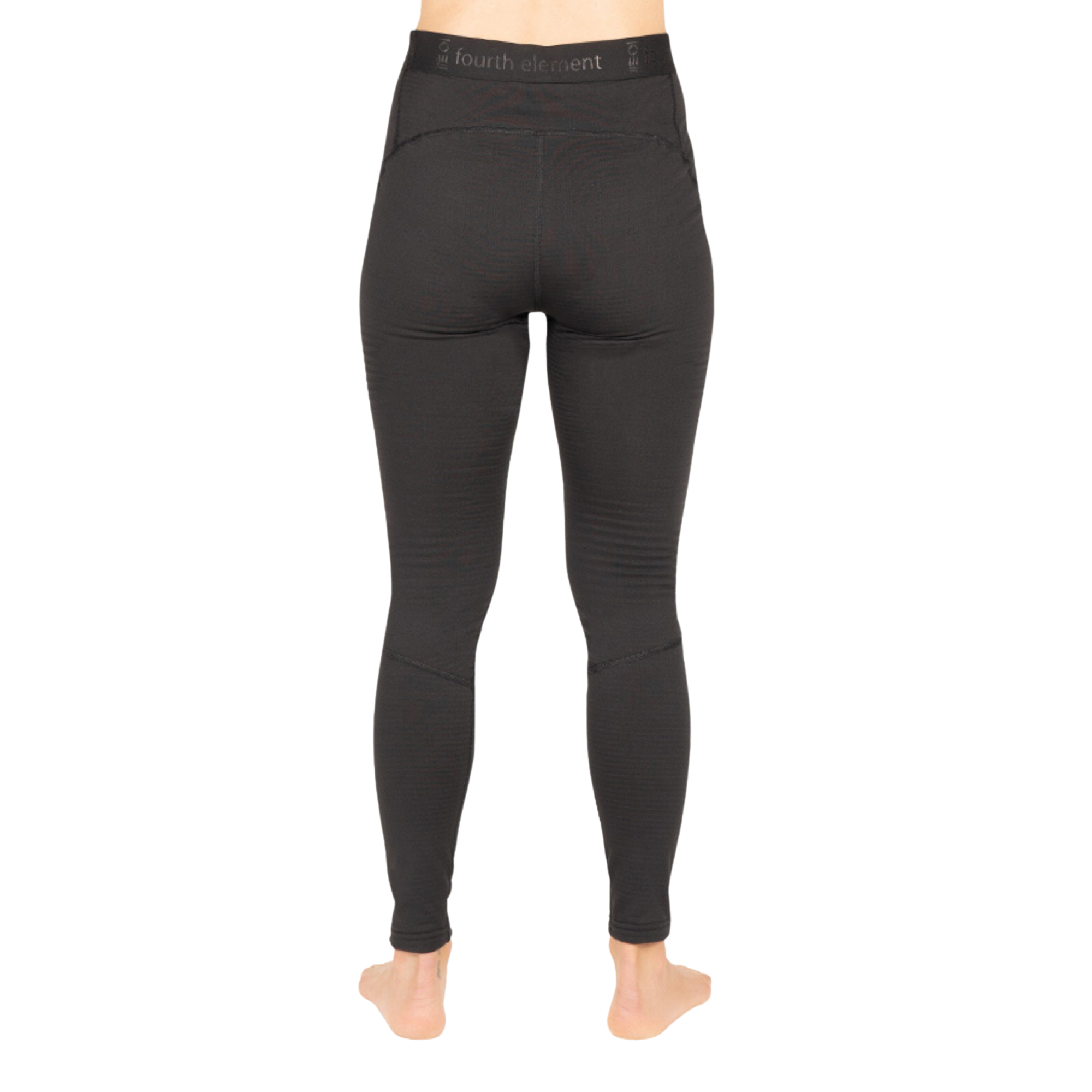 Rear view of a person wearing black high-waisted compression leggings with a visible waistband that reads 'fourth element', shown against a plain white background.