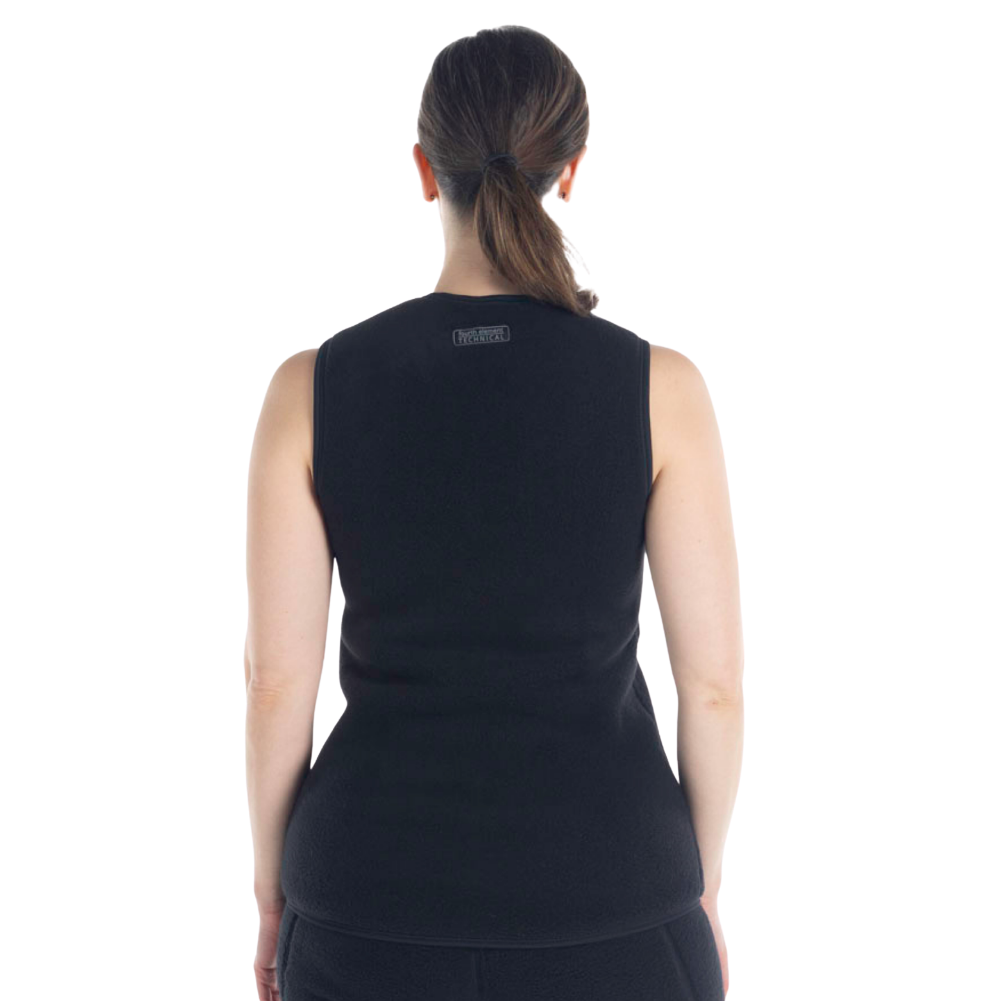 A woman viewed from behind wearing a black sleeveless athletic top with a small gray logo on the upper back, set against a plain white background.