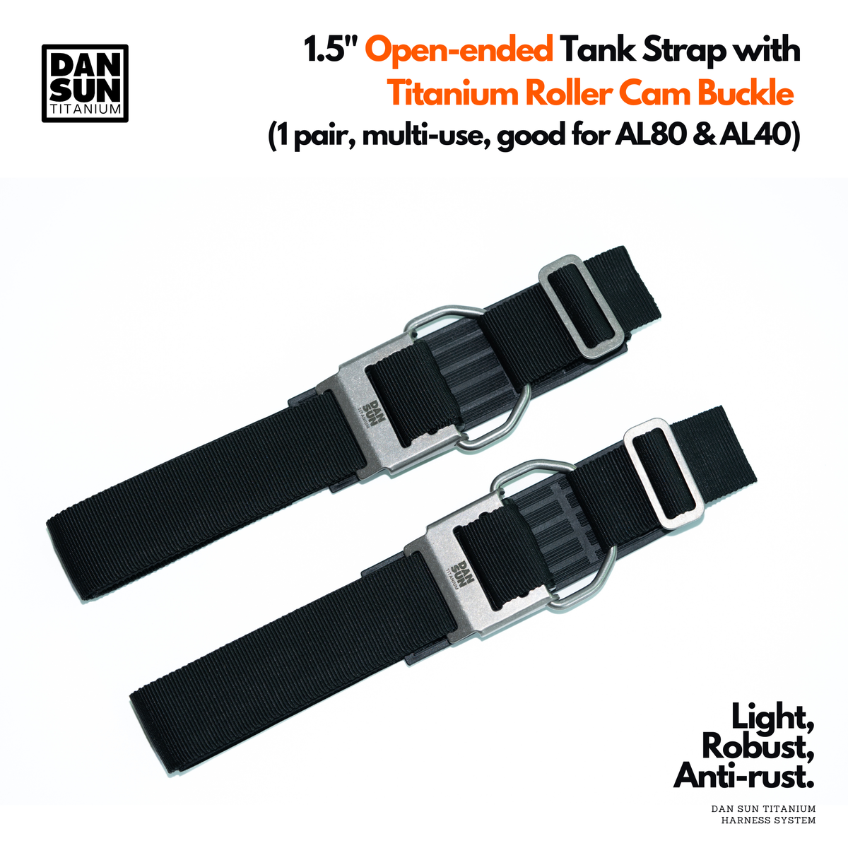 Pair of DanSun 1.5 inch open-ended tank straps with titanium roller cam buckles