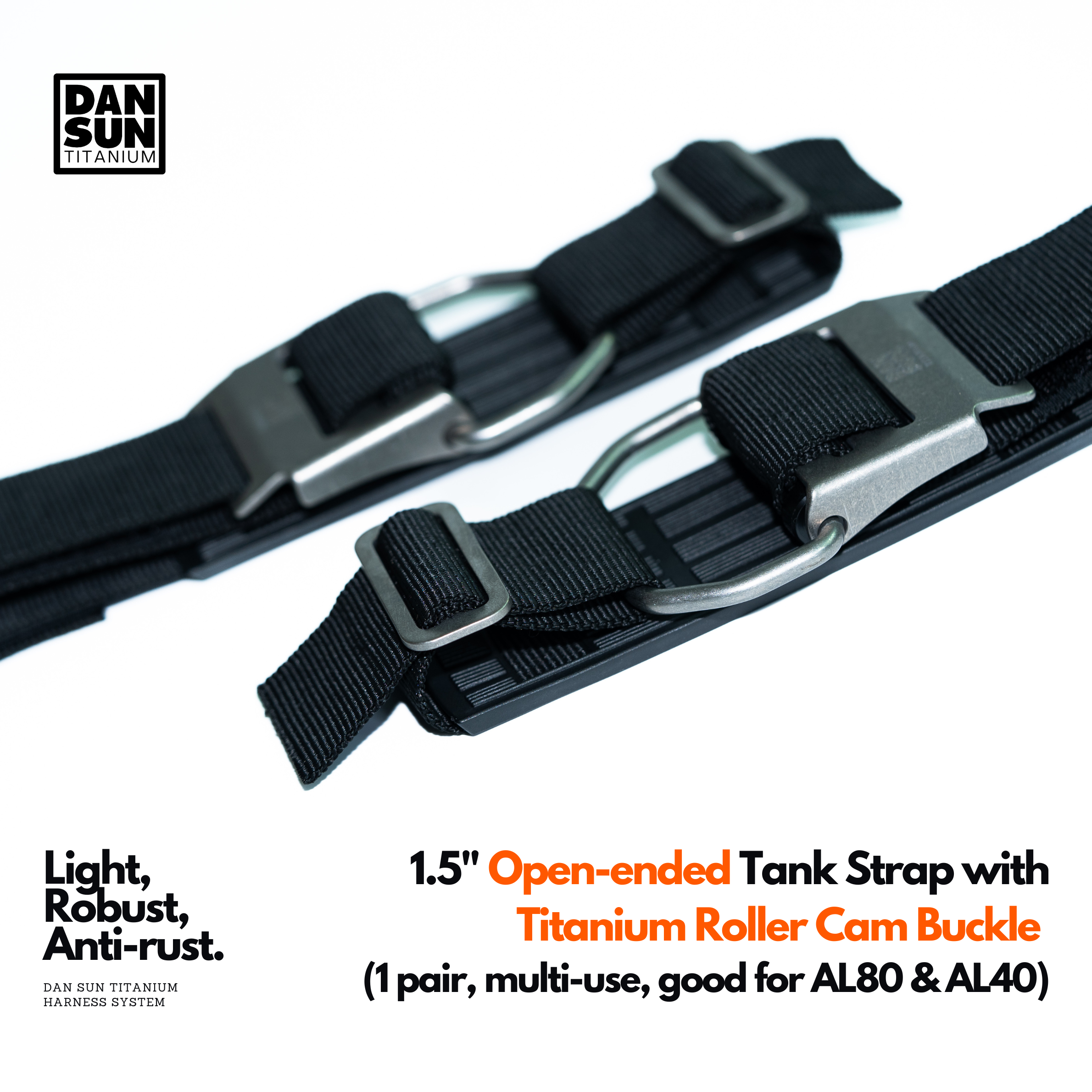 Titanium roller cam buckles on 1.5 inch tank straps