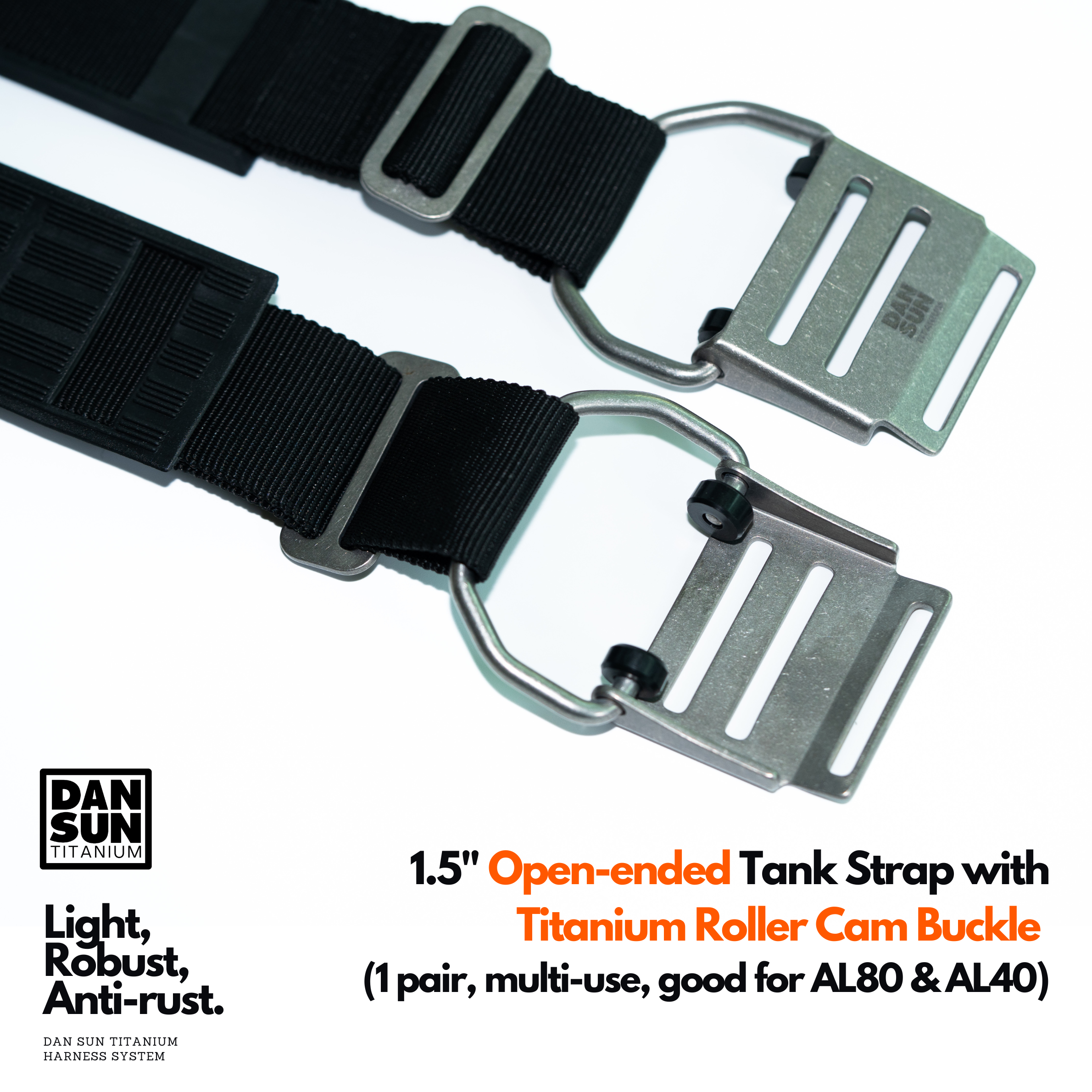 Titanium roller cam buckles and tri-glides, close-up