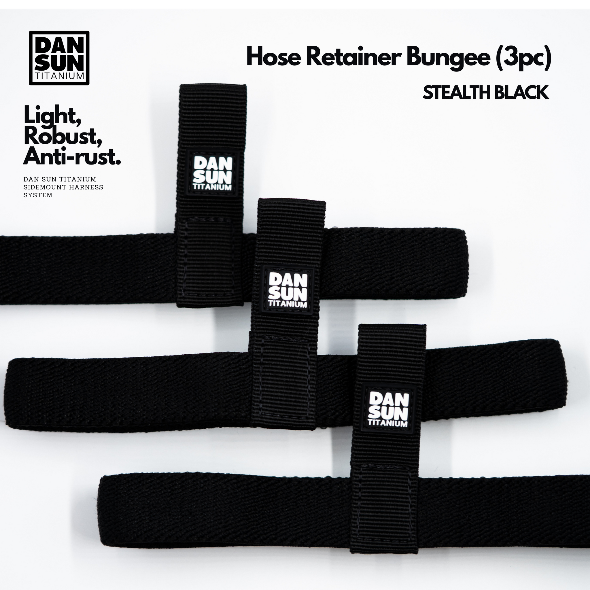 Three black hose retainer bungee 3 pc in black on white background