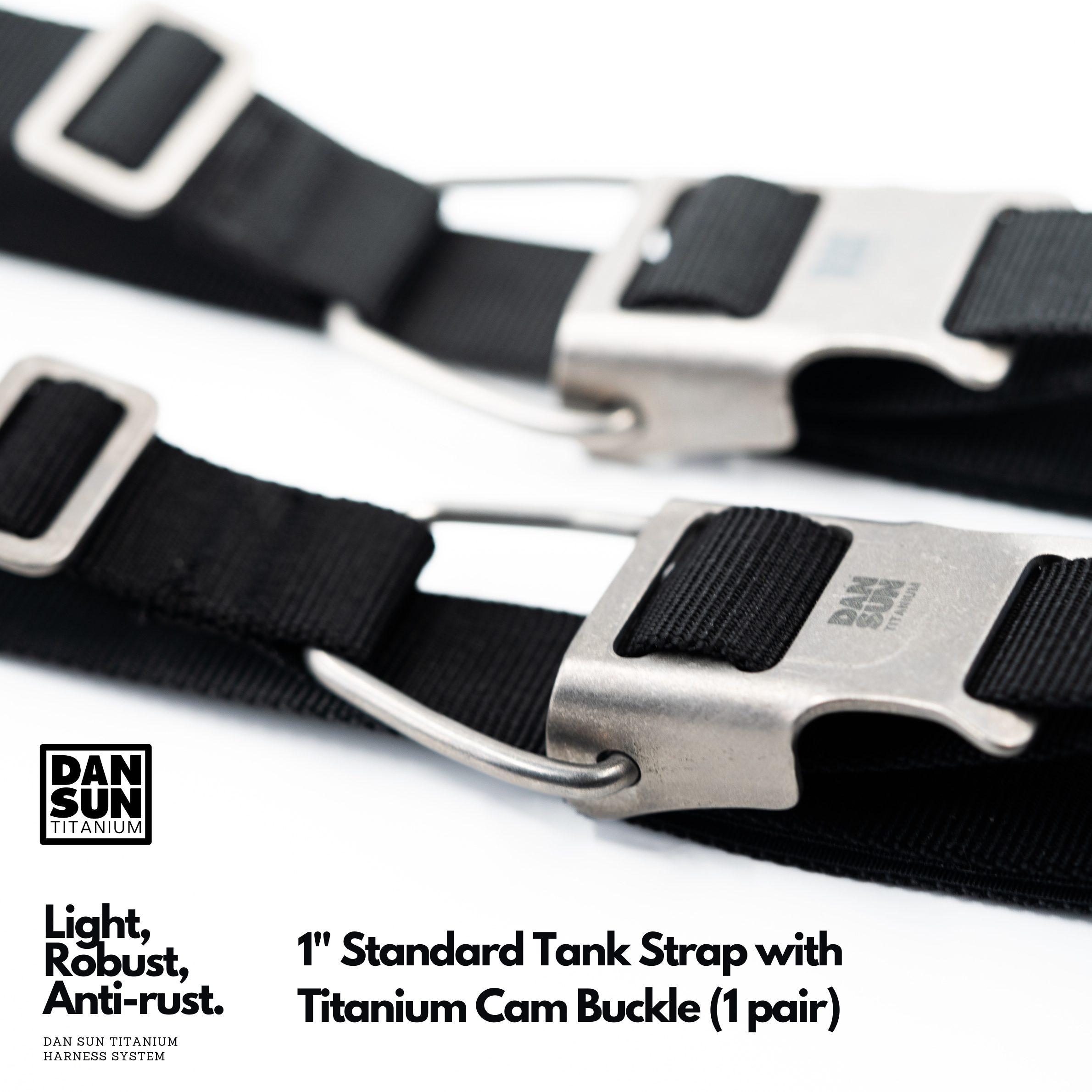 Titanium cam buckles on 1 inch tank straps, close-up