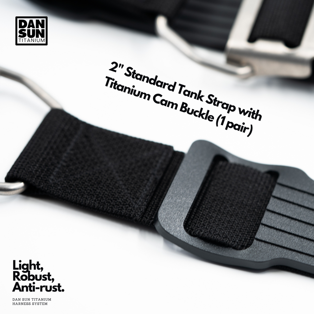 Tank strap with titanium cam buckle and plastic tip