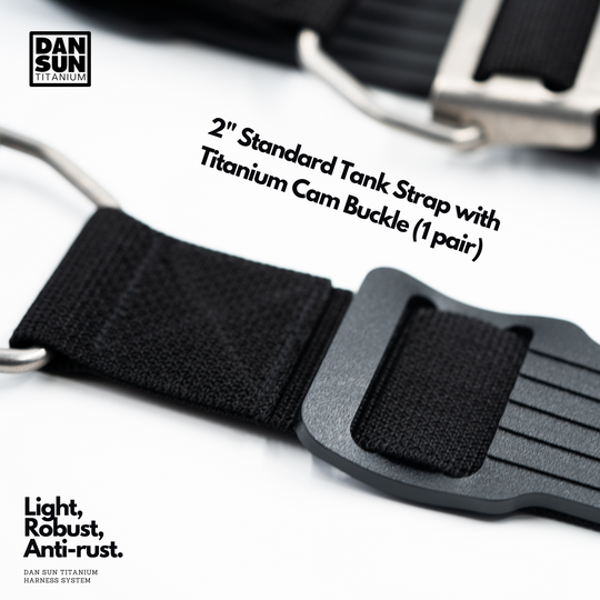 Tank strap with titanium cam buckle and plastic tip