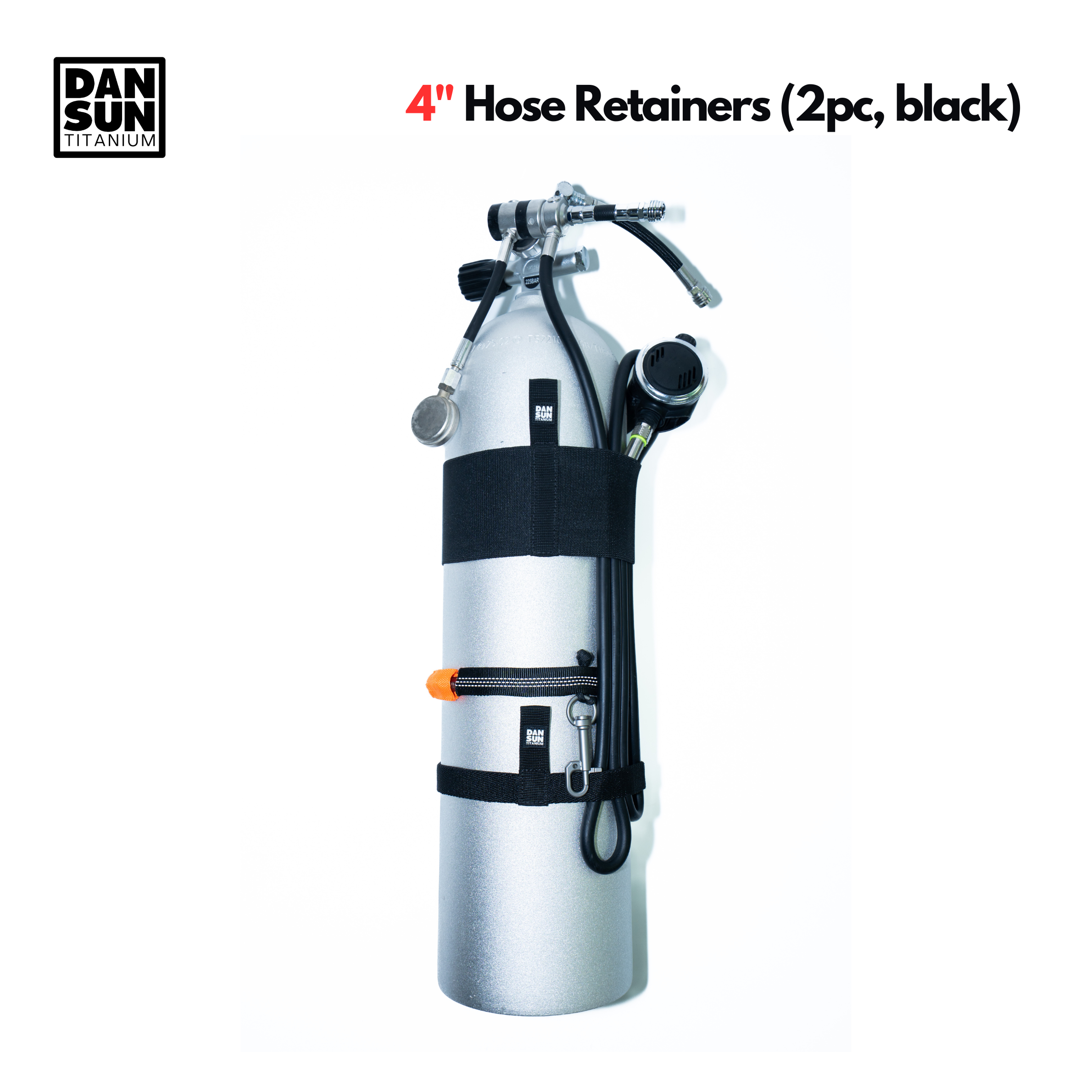 Sidemount cylinder with two 4 inch hose retainer bungees