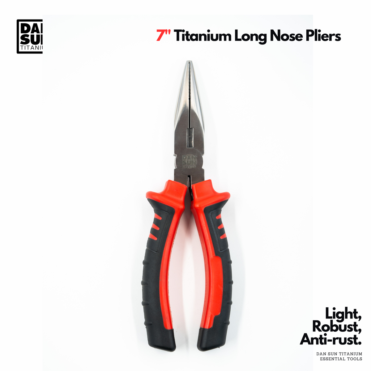 7 inch titanium long nose pliers with red and black handles