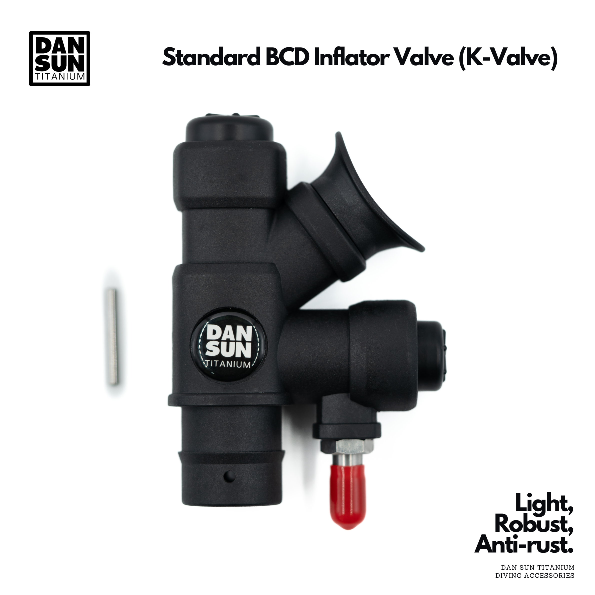 Black DanSun BCD inflator valve K-valve with red cap, front view