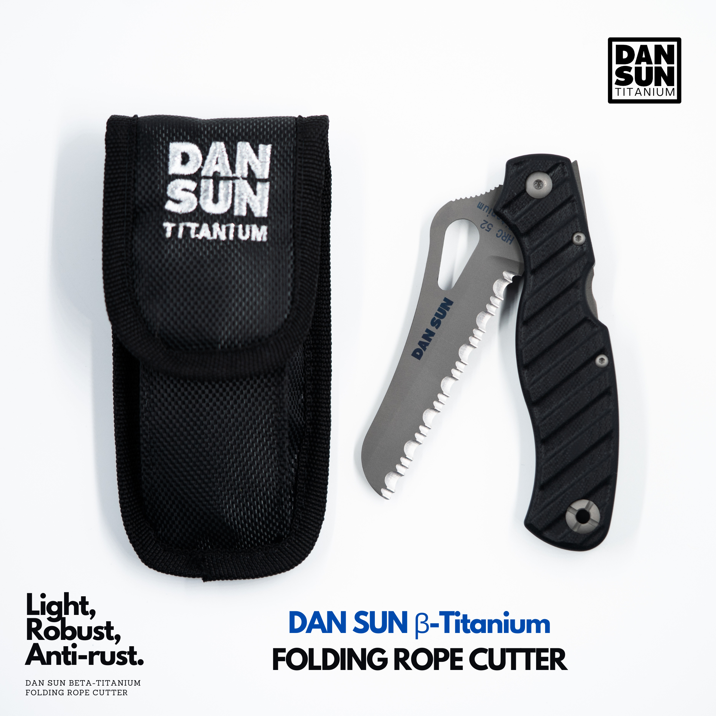 DanSun beta-titanium folding rope cutter with black handle and pouch