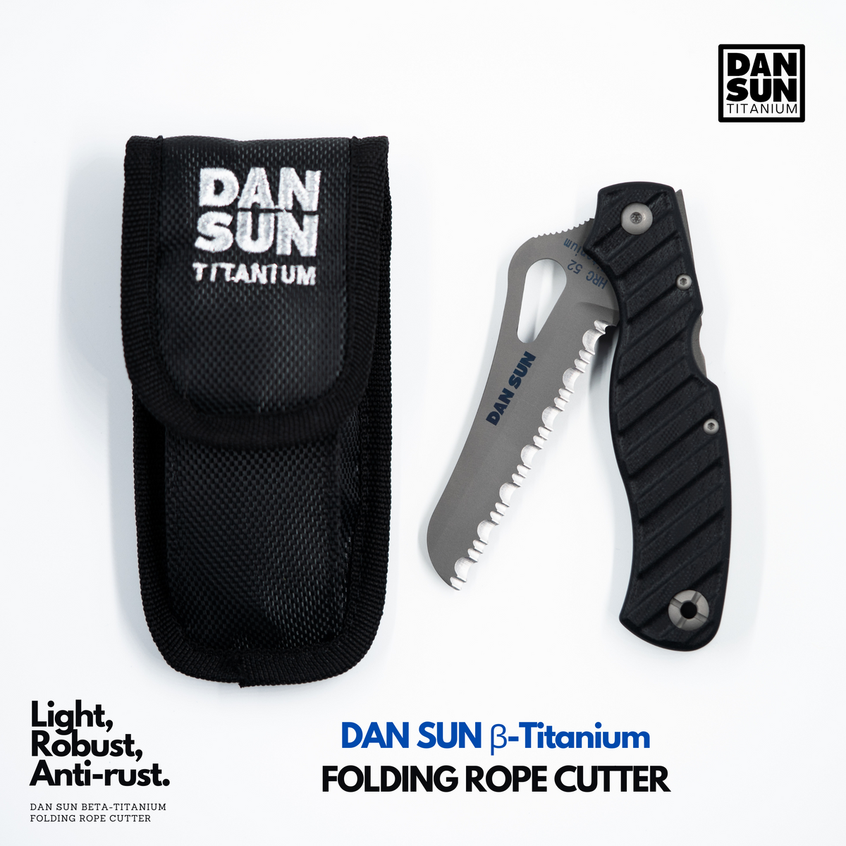 DanSun beta-titanium folding rope cutter with black handle and pouch