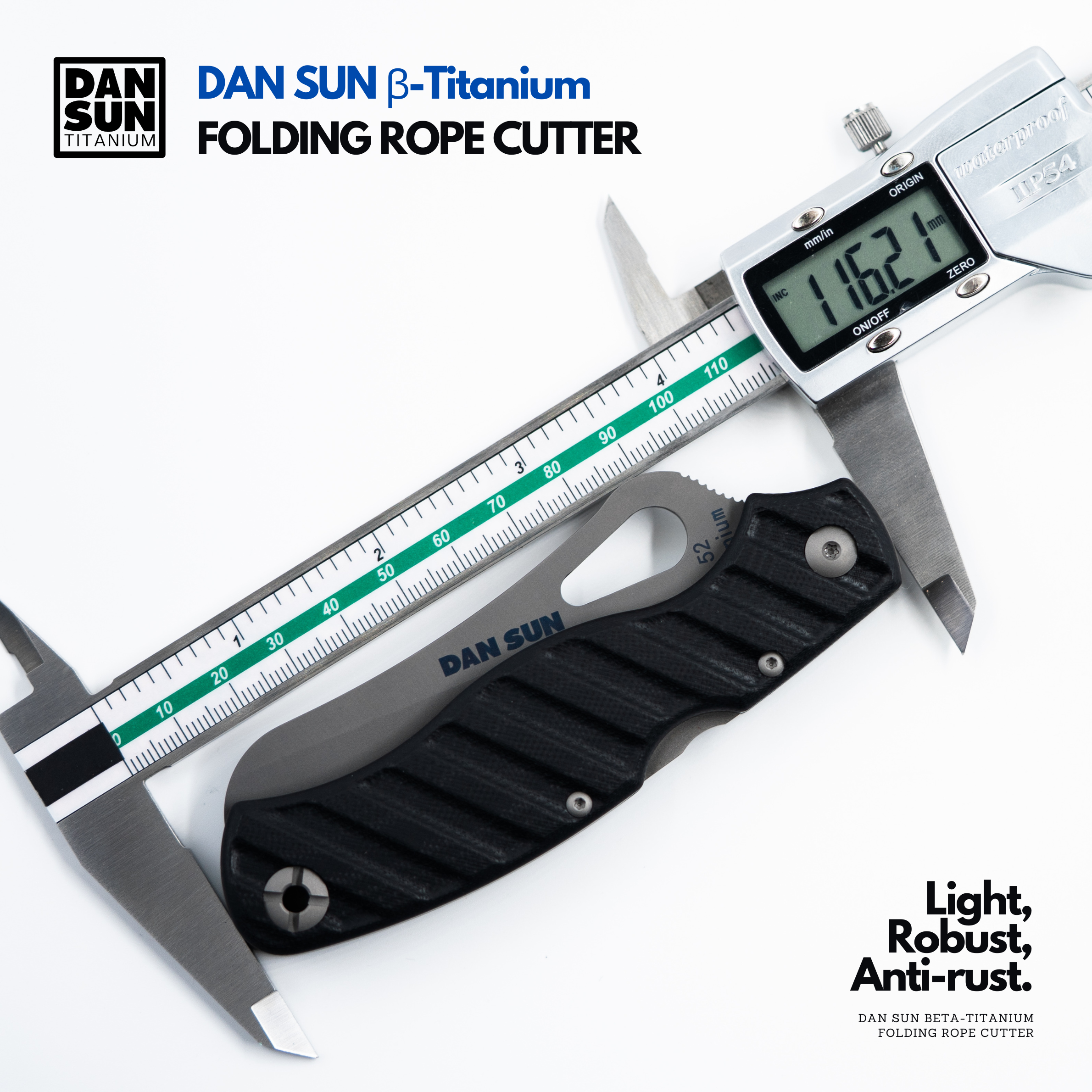 Beta-titanium rope cutter measured at 116 mm with a caliper