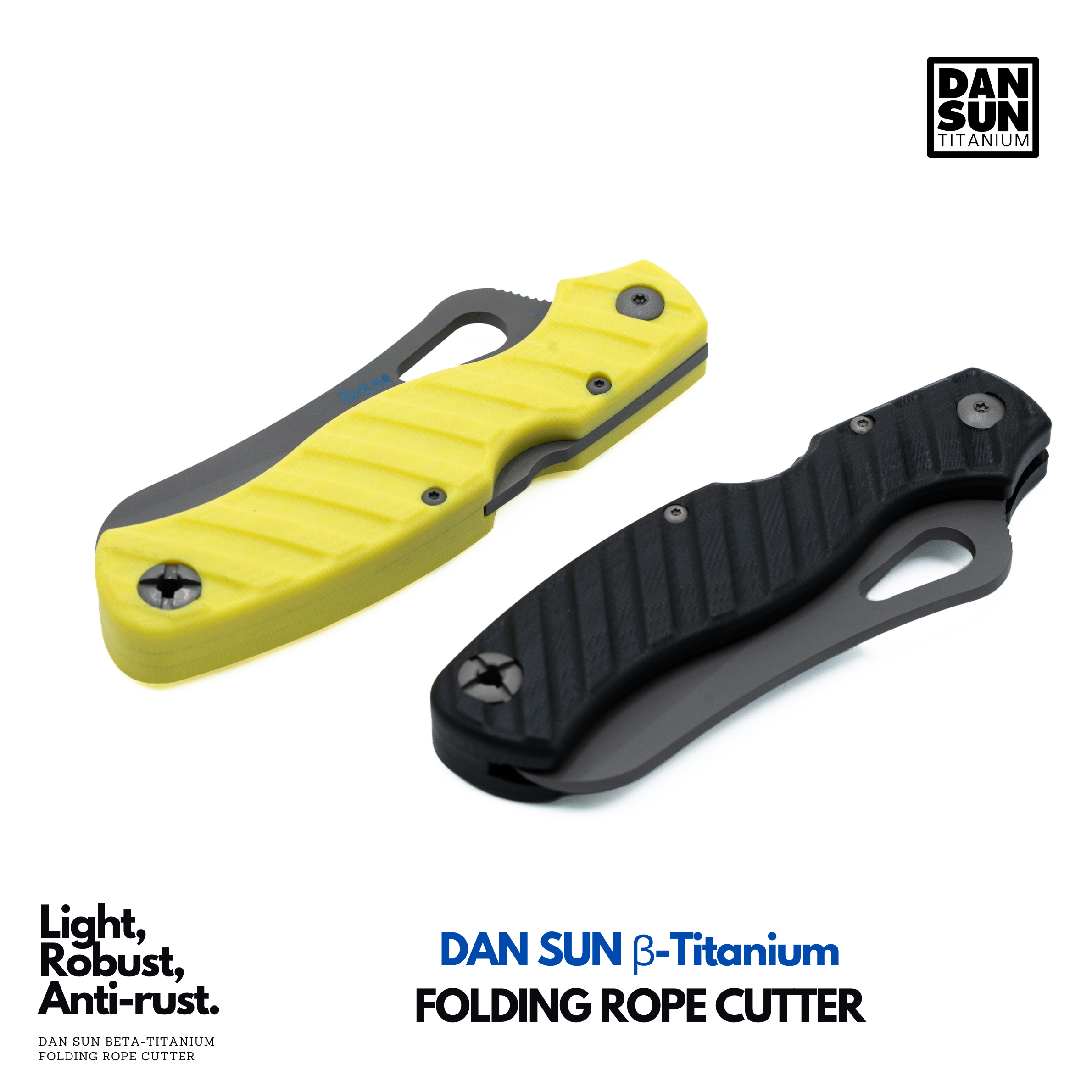 Beta-titanium folding rope cutters with yellow and black handles, closed