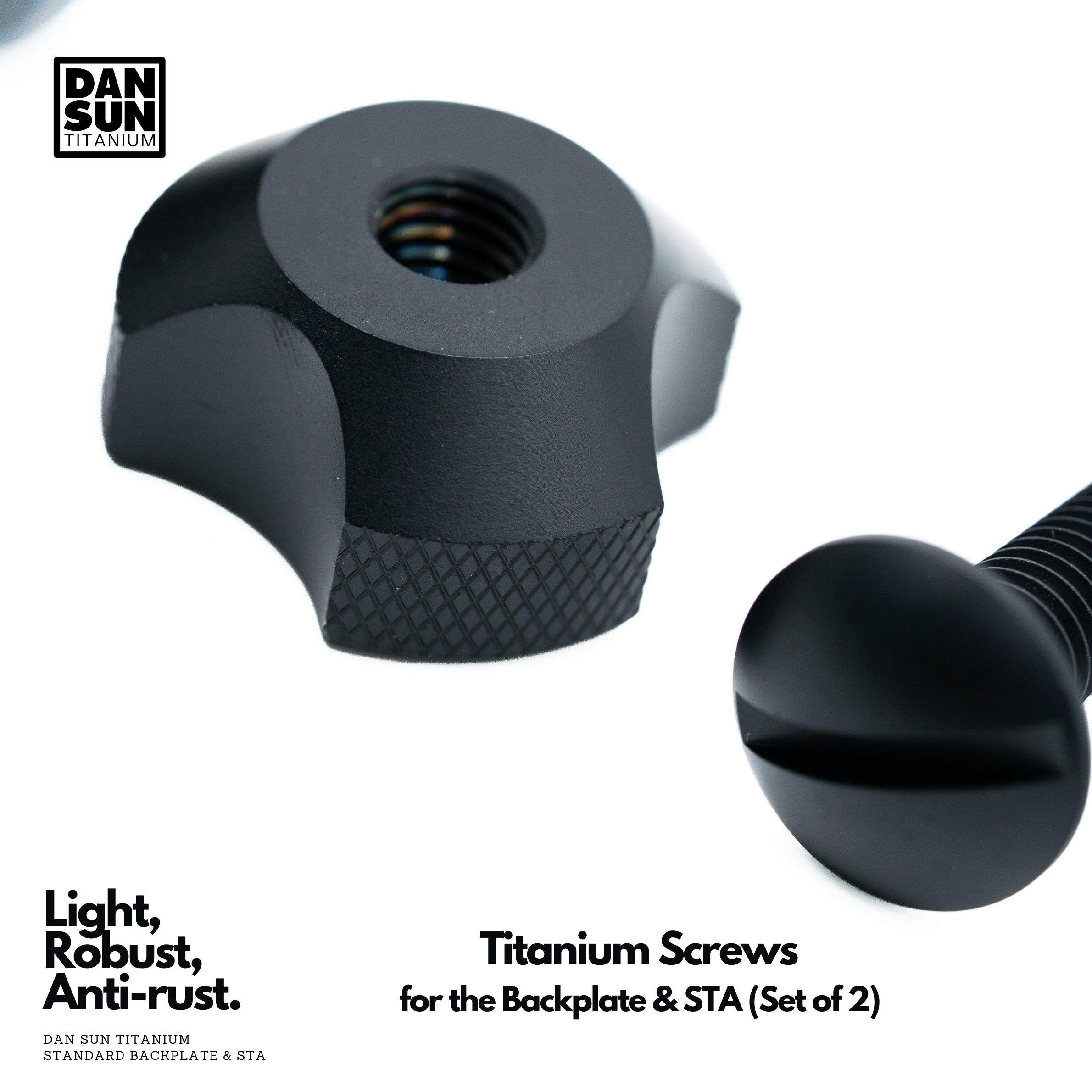 Black titanium hand-tight screw nut and bolt, close-up