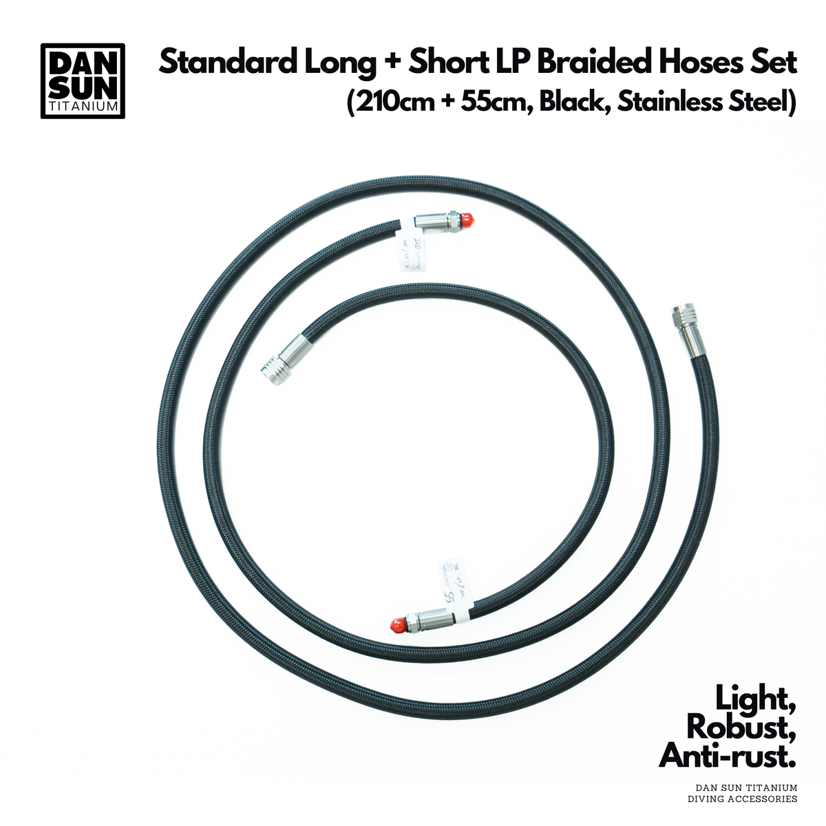 Black braided LP hose set, 210 cm long hose and 55 cm short hose