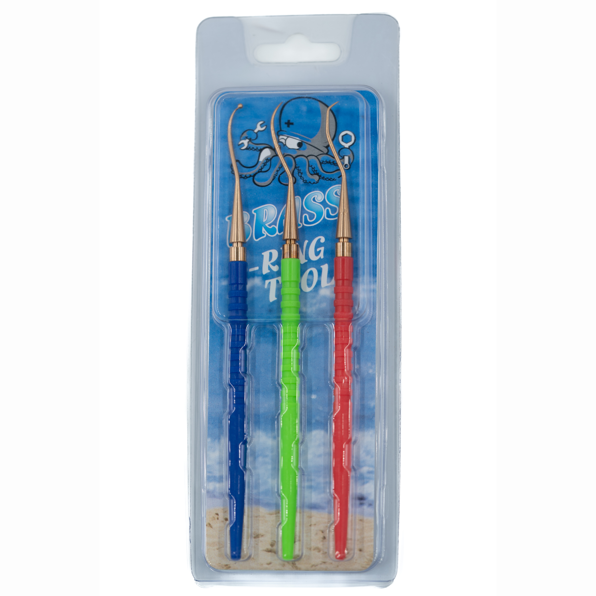 Brass o-ring picker set with blue, green and red handles in its pack
